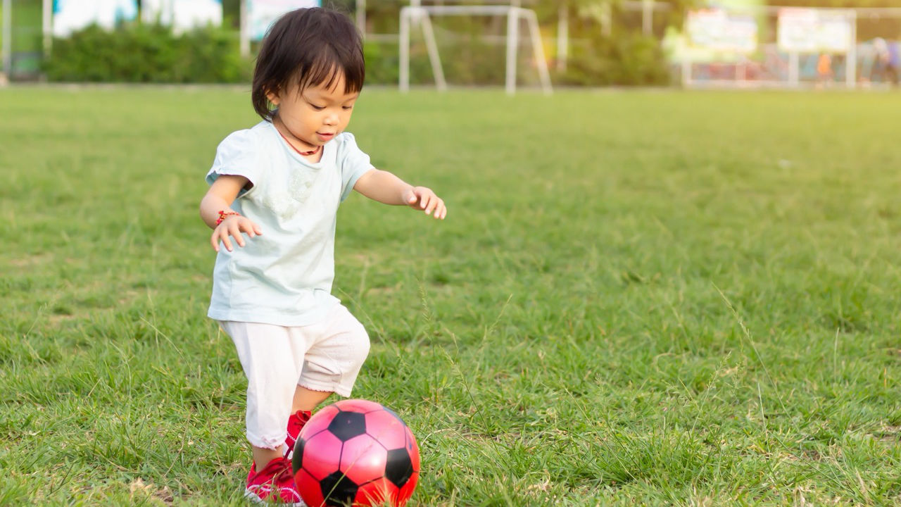 Husky Pup Toddler Playing Soccer